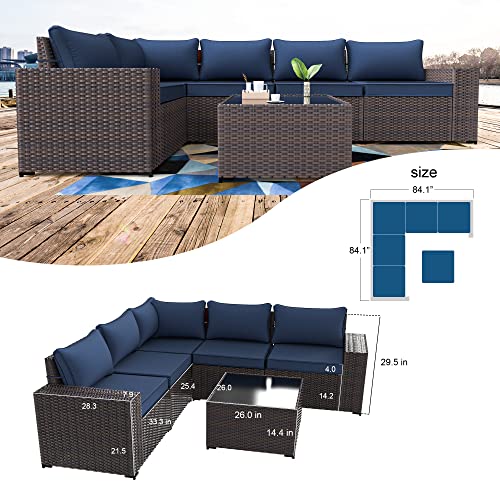 Kullavik Outdoor Patio Furniture Set 6 Pieces Sectional Rattan Sofa Set Brown PE Rattan Wicker Patio Conversation Set with 5 Navy Blue Seat Cushions and 1 Tempered Glass Table