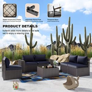 Kullavik Outdoor Patio Furniture Set 6 Pieces Sectional Rattan Sofa Set Brown PE Rattan Wicker Patio Conversation Set with 5 Navy Blue Seat Cushions and 1 Tempered Glass Table