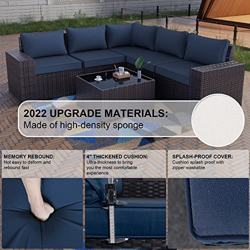 Kullavik Outdoor Patio Furniture Set 6 Pieces Sectional Rattan Sofa Set Brown PE Rattan Wicker Patio Conversation Set with 5 Navy Blue Seat Cushions and 1 Tempered Glass Table