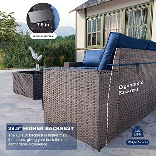 Kullavik Outdoor Patio Furniture Set 6 Pieces Sectional Rattan Sofa Set Brown PE Rattan Wicker Patio Conversation Set with 5 Navy Blue Seat Cushions and 1 Tempered Glass Table