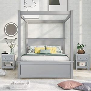 bellemave full size wood canopy bed with trundle and two nightstands, 4-post platform frame headboard, 3 pieces bedroom set (brushed gray) full canopy bed+2 nightstands