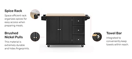 Homestyles Dolly Madison Kitchen Cart with Wood Top and Drop Leaf Breakfast Bar, Rolling Mobile Kitchen Island with Storage and Towel Rack, 54 Inch Width, Black