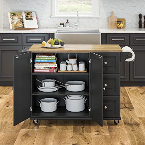 Homestyles Dolly Madison Kitchen Cart with Wood Top and Drop Leaf Breakfast Bar, Rolling Mobile Kitchen Island with Storage and Towel Rack, 54 Inch Width, Black