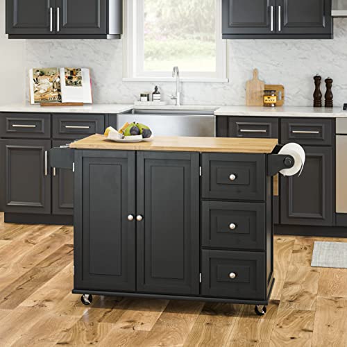 Homestyles Dolly Madison Kitchen Cart with Wood Top and Drop Leaf Breakfast Bar, Rolling Mobile Kitchen Island with Storage and Towel Rack, 54 Inch Width, Black