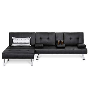 best choice products faux leather upholstery 3-piece modular modern living room sofa sectional furniture set w/convertible single & double seat futon beds, ottoman, reclining backrests – black