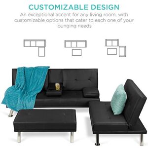 Best Choice Products Faux Leather Upholstery 3-Piece Modular Modern Living Room Sofa Sectional Furniture Set w/Convertible Single & Double Seat Futon Beds, Ottoman, Reclining Backrests - Black