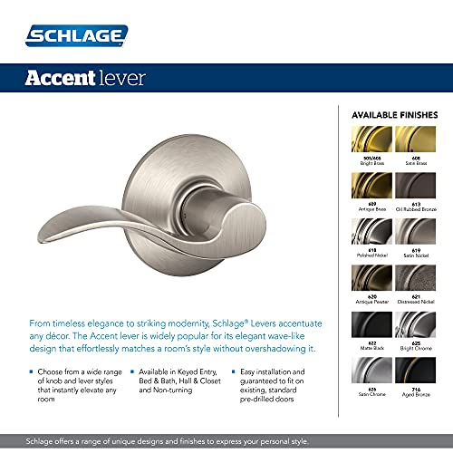 Schlage F10 V ACC 619 Accent Door Lever Hall & Closet Passage Lock, (Pack of 1), Satin Nickel