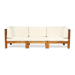 great deal furniture keith outdoor sectional sofa set | 3-seater | acacia wood | water-resistant cushions | teak and beige