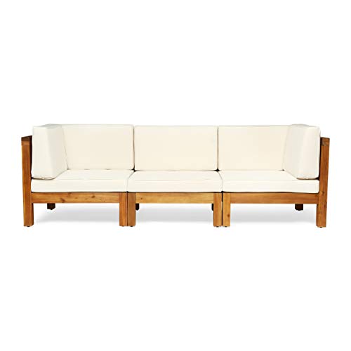 Great Deal Furniture Keith Outdoor Sectional Sofa Set | 3-Seater | Acacia Wood | Water-Resistant Cushions | Teak and Beige