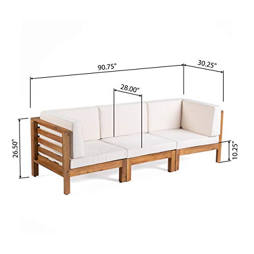 Great Deal Furniture Keith Outdoor Sectional Sofa Set | 3-Seater | Acacia Wood | Water-Resistant Cushions | Teak and Beige