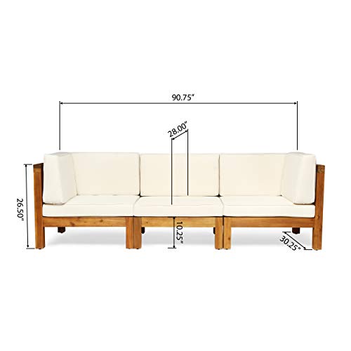 Great Deal Furniture Keith Outdoor Sectional Sofa Set | 3-Seater | Acacia Wood | Water-Resistant Cushions | Teak and Beige