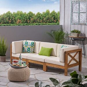 Great Deal Furniture Keith Outdoor Sectional Sofa Set | 3-Seater | Acacia Wood | Water-Resistant Cushions | Teak and Beige