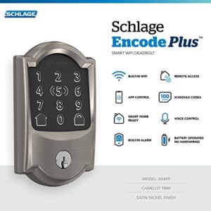 Schlage BE499WB CAM 619 Encode Plus WiFi Deadbolt Smart Lock with Apple Home Key, Keyless Entry Door Lock with Camelot Trim, Satin Nickel