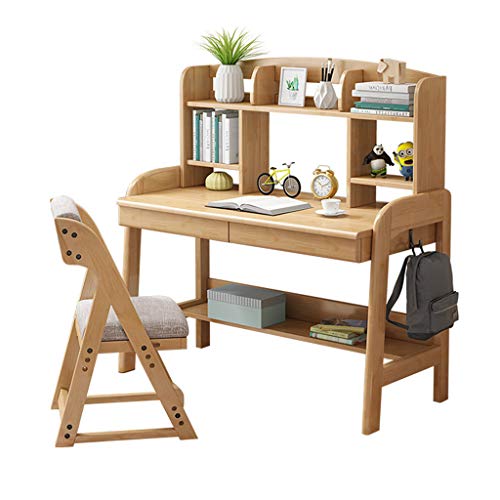 Articles for daily use Solid Wood Children’s Desk Set, Height Adjustable Children’s Wooden Study Table with Drawers and Bookshelves, Boys and Girls Study Tables and Chairs (Natural Wood)