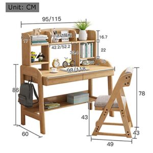 Articles for daily use Solid Wood Children’s Desk Set, Height Adjustable Children’s Wooden Study Table with Drawers and Bookshelves, Boys and Girls Study Tables and Chairs (Natural Wood)