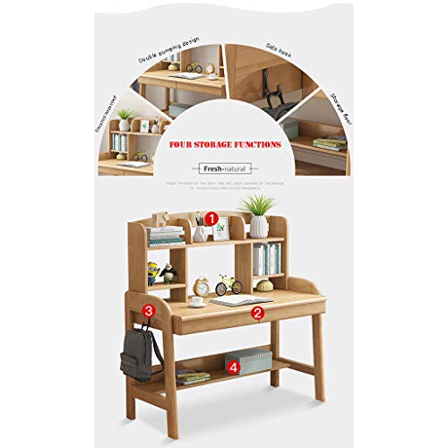 Articles for daily use Solid Wood Children’s Desk Set, Height Adjustable Children’s Wooden Study Table with Drawers and Bookshelves, Boys and Girls Study Tables and Chairs (Natural Wood)