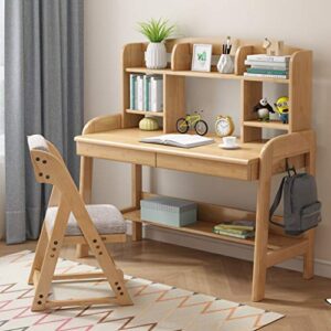 Articles for daily use Solid Wood Children’s Desk Set, Height Adjustable Children’s Wooden Study Table with Drawers and Bookshelves, Boys and Girls Study Tables and Chairs (Natural Wood)