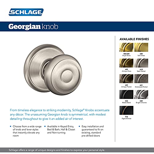 Schlage F51A GEO 619 Georgian Door Knob, Keyed Entry Lock, Satin Nickel