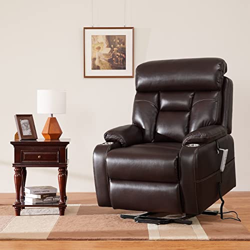 Irene House 9181 Three Motor Power Lift Recliner Lay Flat Chairs for Elderly with Lumber Support Motor Infinite Position Lift Chair Electric Recliner with Cup Holder Side Pocket(Brown Faux Leather)