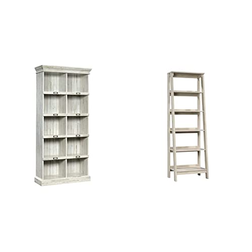 Sauder Barrister Lane Bookcase, L: 35.55" x W: 13.5" x H: 75.04", White Plank & Trestle 5-Shelf Bookcase, Chalked Chestnut Finish