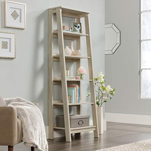 Sauder Barrister Lane Bookcase, L: 35.55" x W: 13.5" x H: 75.04", White Plank & Trestle 5-Shelf Bookcase, Chalked Chestnut Finish