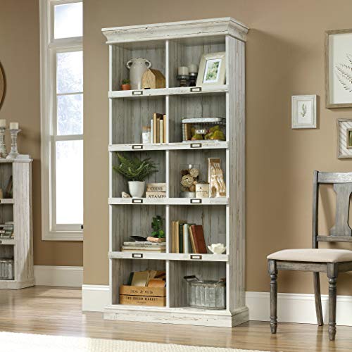 Sauder Barrister Lane Bookcase, L: 35.55" x W: 13.5" x H: 75.04", White Plank & Trestle 5-Shelf Bookcase, Chalked Chestnut Finish