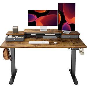 ergear electric standing desk with double drawers, 48×24 inches adjustable height sit stand up desk, home office desk computer workstation with storage shelf, vintage brown