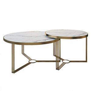 2 piece round nested coffee table, artificial marble tabletop metal frame coffee table for living room, small side coffee table