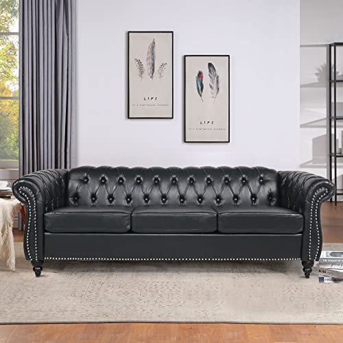 YOCWO Chesterfield Sofa Leather, 84" Upholstered Tufted Couch 3 Seater with Rolled Arms and Nailhead for Living Room, Bedroom(Black)