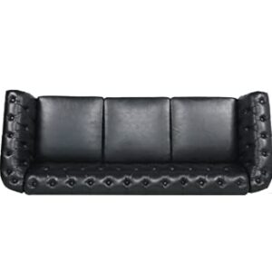 YOCWO Chesterfield Sofa Leather, 84" Upholstered Tufted Couch 3 Seater with Rolled Arms and Nailhead for Living Room, Bedroom(Black)