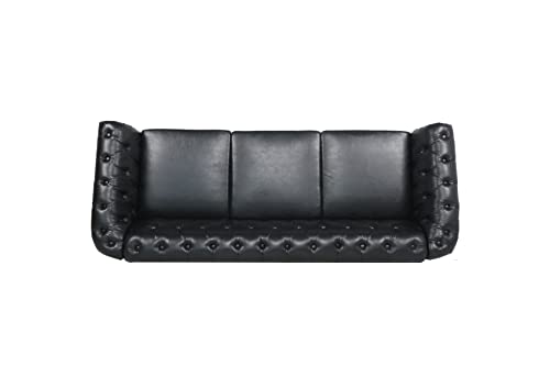 YOCWO Chesterfield Sofa Leather, 84" Upholstered Tufted Couch 3 Seater with Rolled Arms and Nailhead for Living Room, Bedroom(Black)