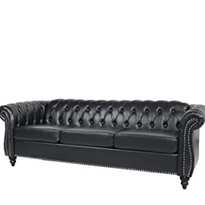 YOCWO Chesterfield Sofa Leather, 84" Upholstered Tufted Couch 3 Seater with Rolled Arms and Nailhead for Living Room, Bedroom(Black)