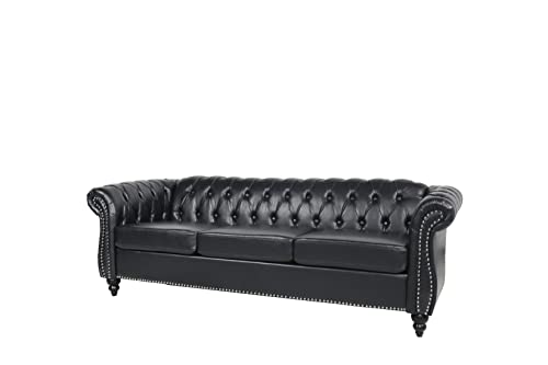 YOCWO Chesterfield Sofa Leather, 84" Upholstered Tufted Couch 3 Seater with Rolled Arms and Nailhead for Living Room, Bedroom(Black)