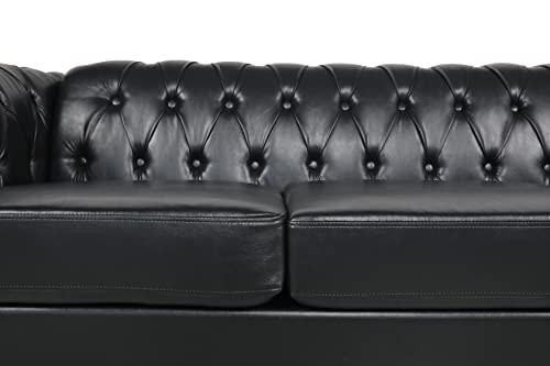 YOCWO Chesterfield Sofa Leather, 84" Upholstered Tufted Couch 3 Seater with Rolled Arms and Nailhead for Living Room, Bedroom(Black)