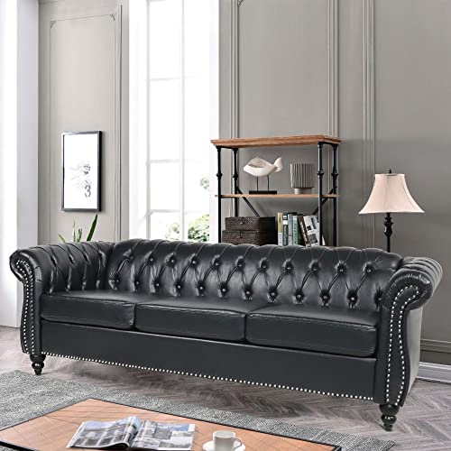 YOCWO Chesterfield Sofa Leather, 84" Upholstered Tufted Couch 3 Seater with Rolled Arms and Nailhead for Living Room, Bedroom(Black)