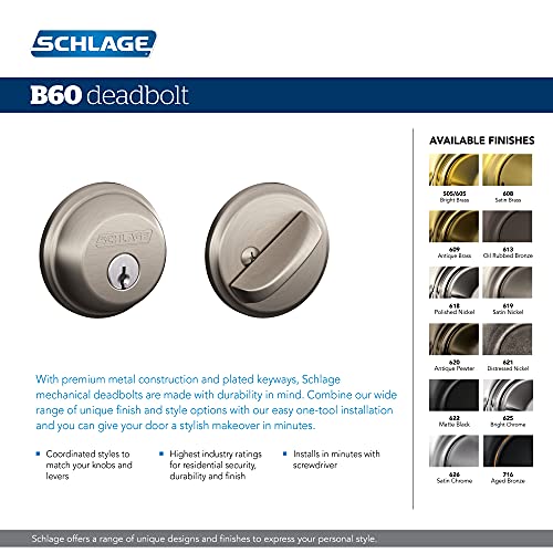 SCHLAGE B60N505 Deadbolt, Keyed 1 Side, Bright Brass