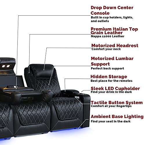 Valencia Oslo Home Theater Seating | Premium Top Grain Italian Nappa 11000 Leather, Power Headrest, Power Lumbar Support, with Center Console (Row of 3, Black)