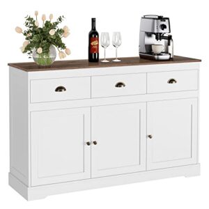 keyluv white buffet cabinet storage kitchen cabinet sideboard farmhouse buffet server bar wine cabinet with 3 drawers & 3 doors adjustable shelves console table for dining living room cupboard