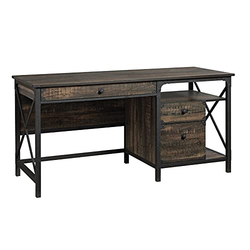 Sauder Steel River Industrial Computer Desk with Storage, Carbon Oak Finish