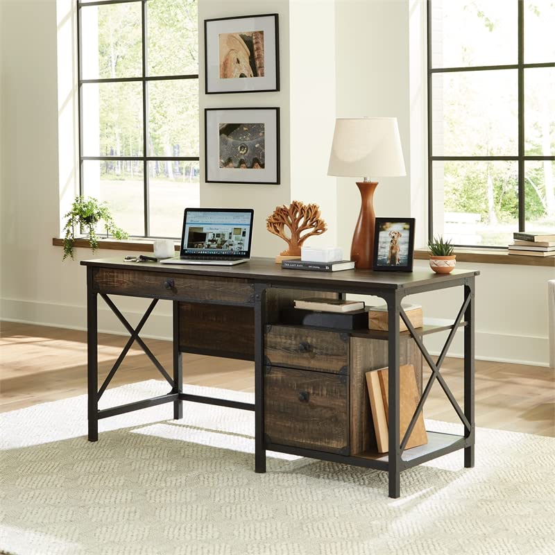 Sauder Steel River Industrial Computer Desk with Storage, Carbon Oak Finish