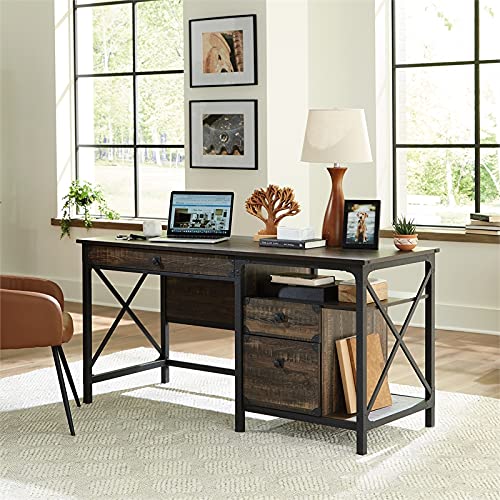 Sauder Steel River Industrial Computer Desk with Storage, Carbon Oak Finish