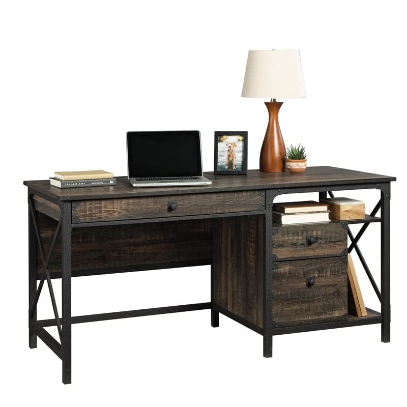 Sauder Steel River Industrial Computer Desk with Storage, Carbon Oak Finish