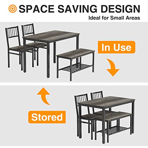 Teraves Dining Table Set for 4/Computer Desk,Kitchen Table with 2 Chairs and a Bench,Table and Chairs Dining Set 4 Piece Set for Dining Room (Black Oak+Black Frame, 110CM)