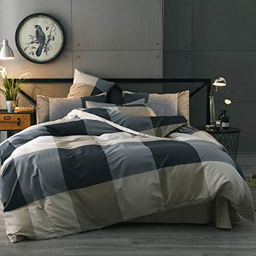 Cotton Grid Plaid Duvet Cover Set Queen Modern Reversible Checkered Bedding Set Full Hotel Quality 3 Piece Duvet Comforter Cover Set Luxury Zipper Closure Bedding Collection (NO Comforter)