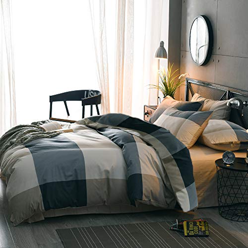 Cotton Grid Plaid Duvet Cover Set Queen Modern Reversible Checkered Bedding Set Full Hotel Quality 3 Piece Duvet Comforter Cover Set Luxury Zipper Closure Bedding Collection (NO Comforter)