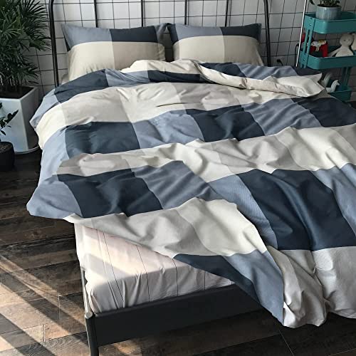 Cotton Grid Plaid Duvet Cover Set Queen Modern Reversible Checkered Bedding Set Full Hotel Quality 3 Piece Duvet Comforter Cover Set Luxury Zipper Closure Bedding Collection (NO Comforter)