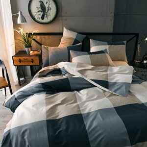 Cotton Grid Plaid Duvet Cover Set Queen Modern Reversible Checkered Bedding Set Full Hotel Quality 3 Piece Duvet Comforter Cover Set Luxury Zipper Closure Bedding Collection (NO Comforter)