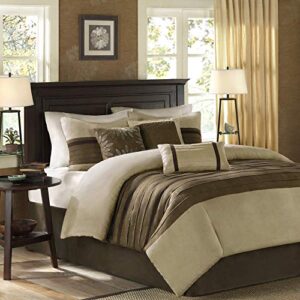 madison park palmer comforter set – faux suede design, striped accent, all season down alternative bedding, matching shams, decorative pillow, bed skirt, king (104 in x 92 in), natural 7 piece