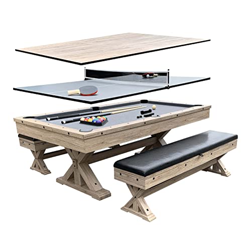 Freetime Fun Rockford 7-FT 3 in 1 Multi Game Featuring Pool Dining Table and Table Tennis Tables, Storage Benches and Upgraded Accessories Kit Included