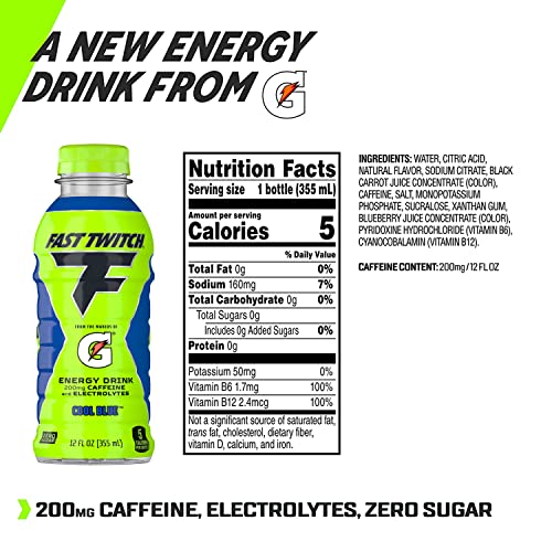 Fast Twitch Energy drink from Gatorade, Cool Blue, 12oz Bottles, (12 Pack), 200mg Caffeine, Zero Sugar, Electrolytes